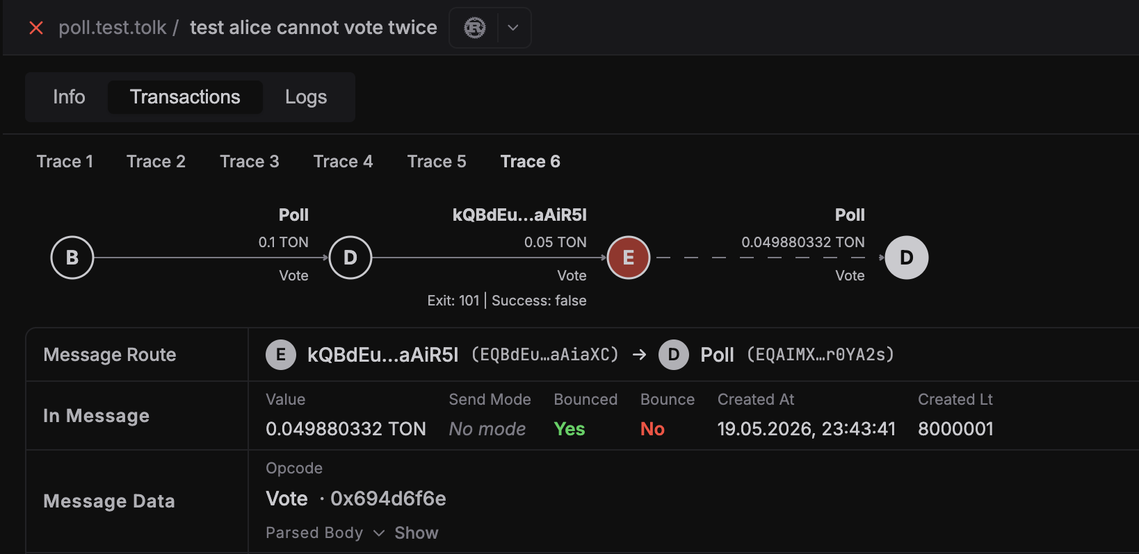 Test UI transactions tab showing the failed duplicate vote trace and bounced message in dark theme